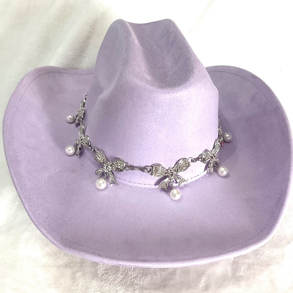 Lavender Purple Pave Ribbon Rhinestone Bow Pearl Charm Western Cowgirl  Hat main image 6
